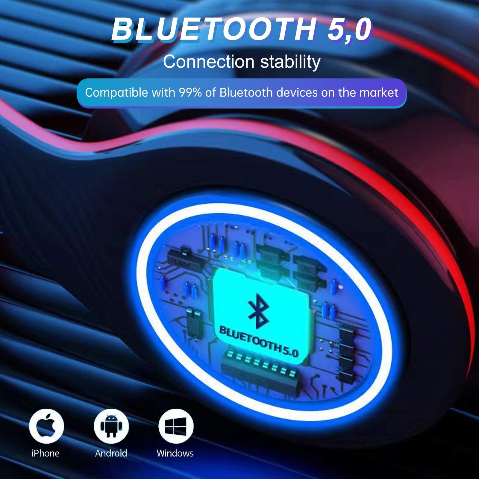 Wireless Headphones with Light Effects, Over-Ear Foldable Design, Long Battery Life, Bluetooth 5.0 and Built-In Microphone for Calls, Gaming, and Work