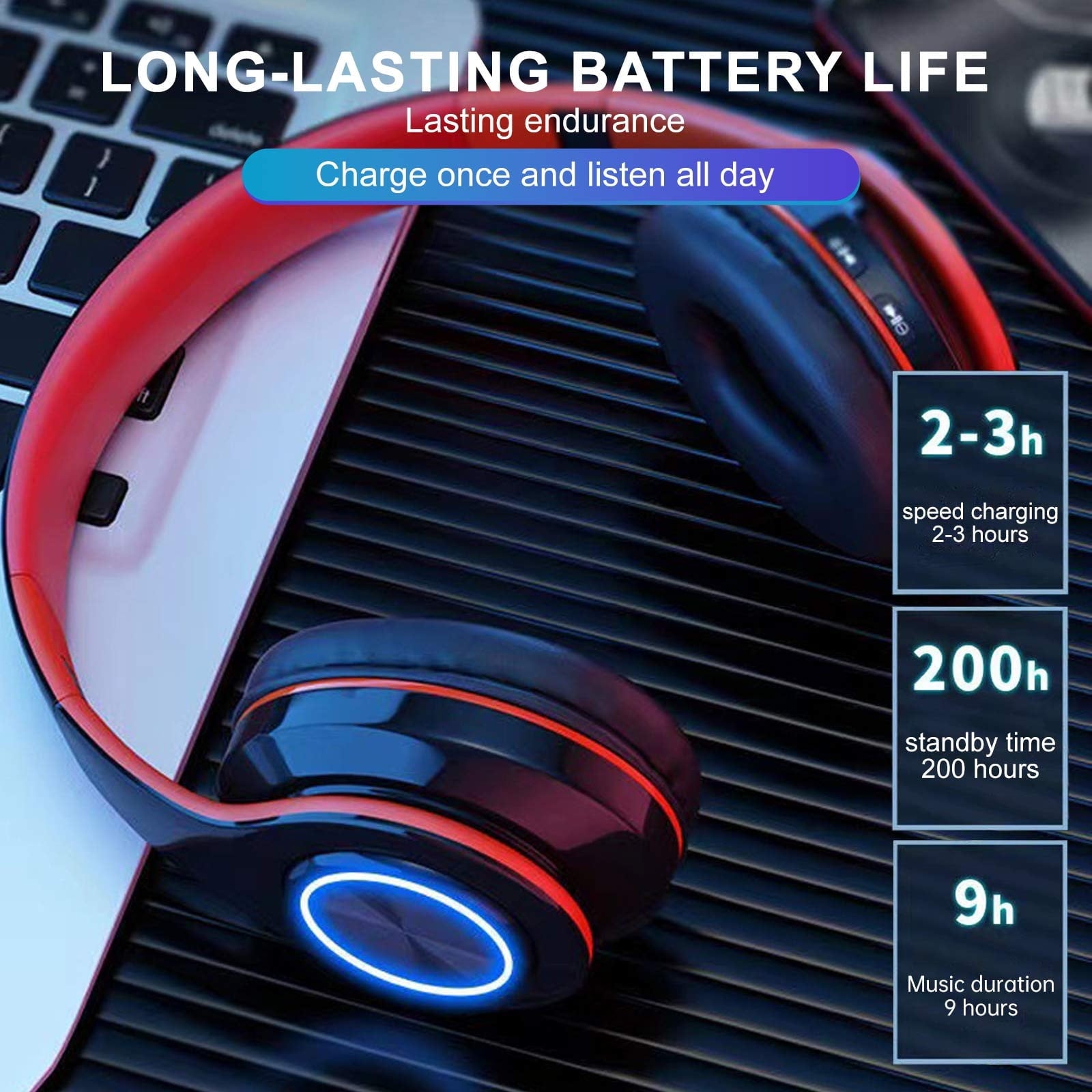 Wireless Headphones with Light Effects, Over-Ear Foldable Design, Long Battery Life, Bluetooth 5.0 and Built-In Microphone for Calls, Gaming, and Work