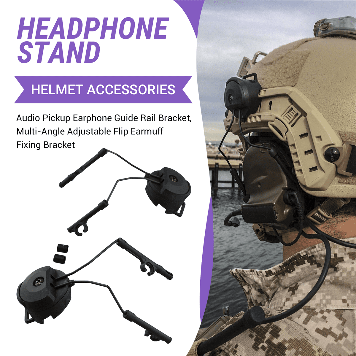 ckepdyeh Pickup Headphones Rail Bracket Multi-Angle Adjustable Flip Ear Cups Fixed Bracket Helmet Accessories Black