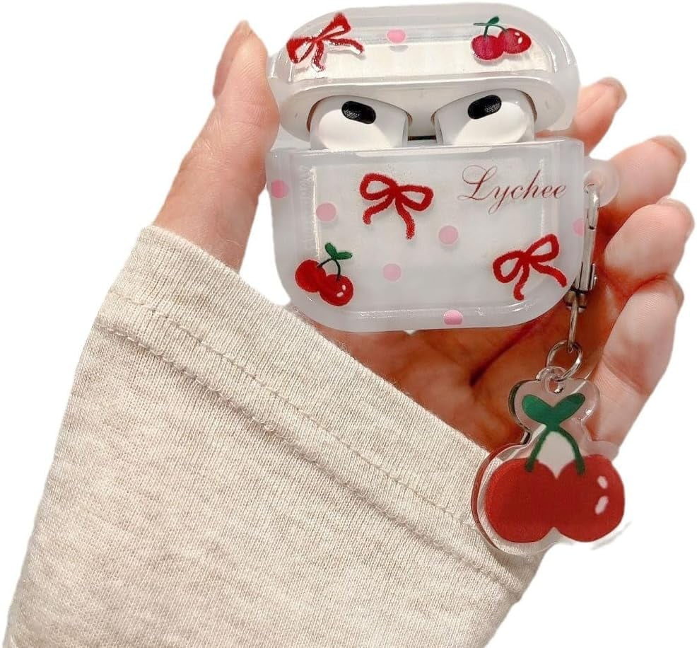 Earphone Case for AirPods 3, Lovely Transparent Clear Bowknot Cherry Case Soft Silicone Sleeve, AirPods 3 Cover Protective Skin Shockproof Protector for Earbuds +Cherry Keychain